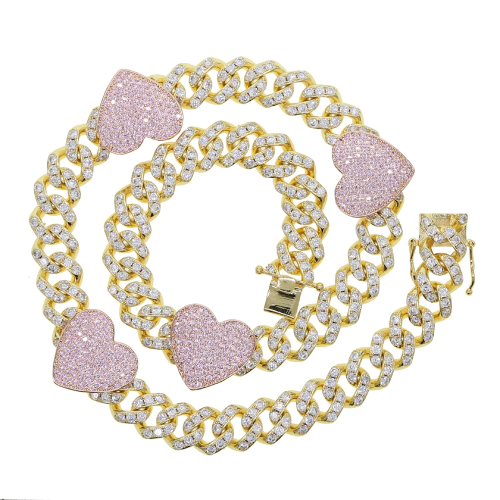 Cuban Link Chain 12Mm - Nieuwe 12Mm Breedte Roze Hart Iced